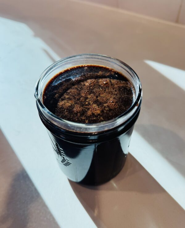 Glass mason jar filled with Chocolate Milk Concentrate topped with fine foam, set in bright sunlight